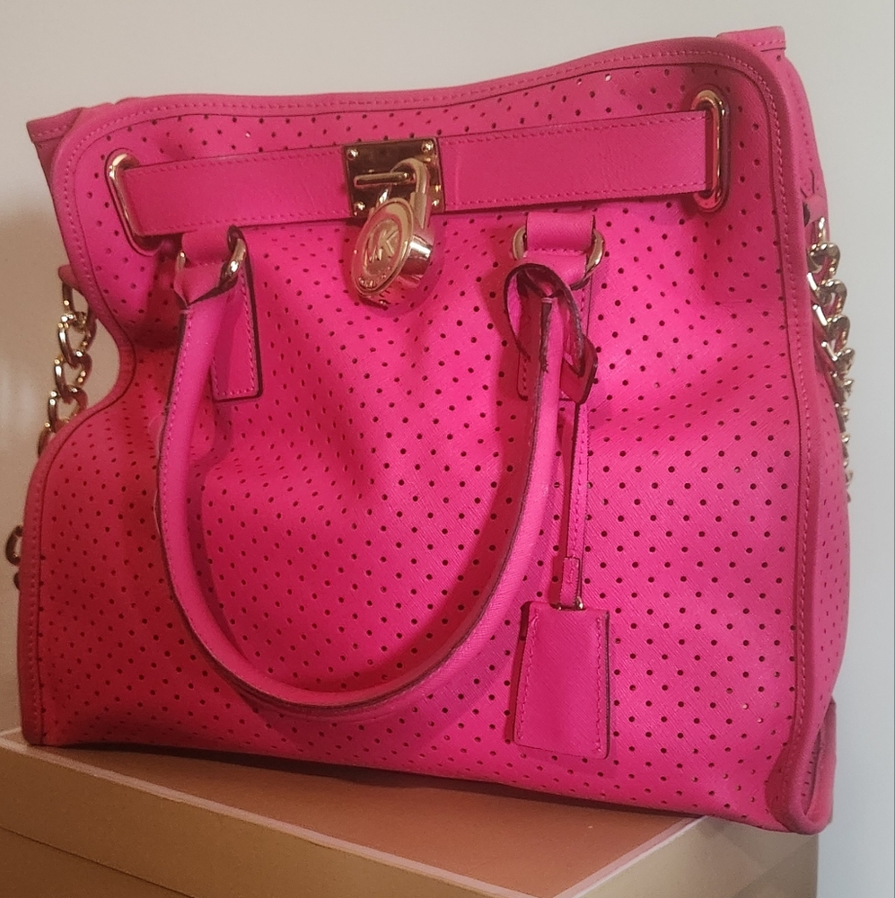 MICHAEL KORS Pink Perforated Saffiano Leather Tote Bag